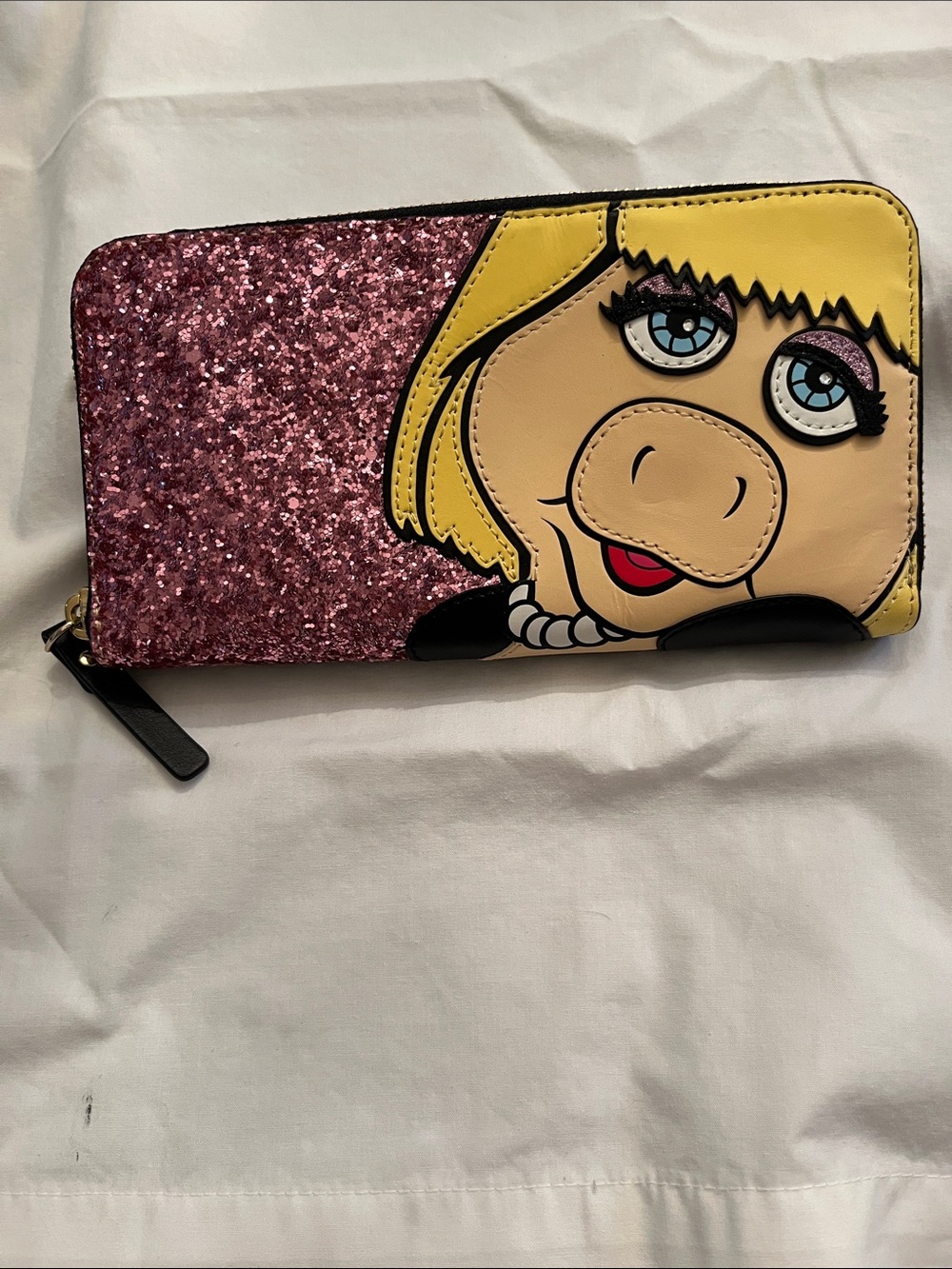 kate spade Pink Glitter Zip Wallet with Character Appliqué and Yellow Accent